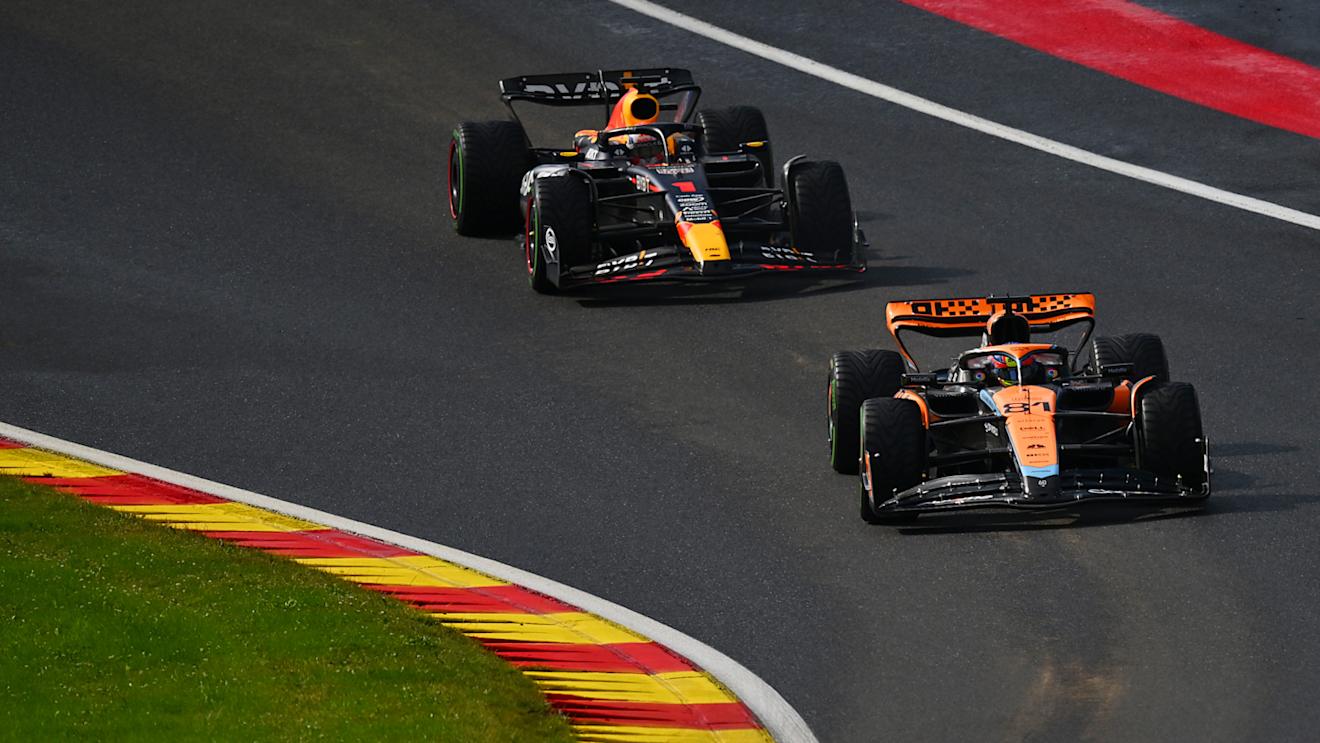 SPA, BELGIUM - JULY 29: Oscar Piastri of Australia driving the (81) McLaren MCL60 Mercedes leads Max Verstappen of the Netherlands driving the (1) Oracle Red Bull Racing RB19 during the Sprint ahead of the F1 Grand Prix of Belgium at Circuit de Spa-Francorchamps on July 29, 2023 in Spa, Belgium. (Photo by Dan Mullan/Getty Images)