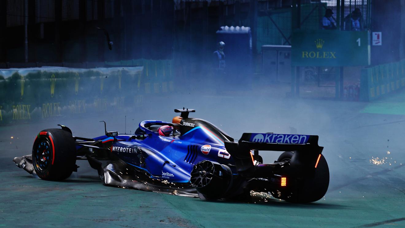 SAO PAULO, BRAZIL - NOVEMBER 05: Alexander Albon of Thailand driving the (23) Williams FW45 Mercedes spins off track after a collision with Kevin Magnussen of Denmark driving the (20) Haas F1 VF-23 Ferrari (not pictured) at the start during the F1 Grand Prix of Brazil at Autodromo Jose Carlos Pace on November 05, 2023 in Sao Paulo, Brazil. (Photo by Mark Thompson/Getty Images)