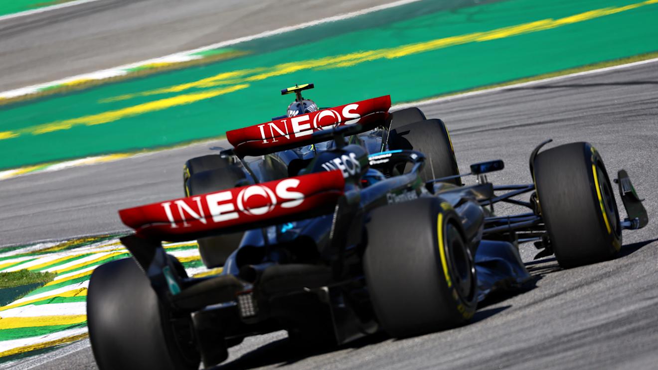 SAO PAULO, BRAZIL - NOVEMBER 05: Lewis Hamilton of Great Britain driving the (44) Mercedes AMG Petronas F1 Team W14 leads George Russell of Great Britain driving the (63) Mercedes AMG Petronas F1 Team W14 on track during the F1 Grand Prix of Brazil at Autodromo Jose Carlos Pace on November 05, 2023 in Sao Paulo, Brazil. (Photo by Mark Thompson/Getty Images)