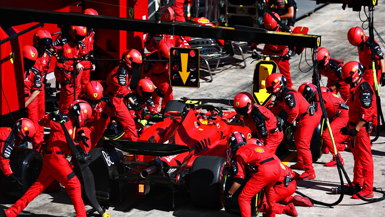 SAO PAULO, BRAZIL - NOVEMBER 05: Carlos Sainz of Spain driving (55) the Ferrari SF-23 makes a pitstop during the F1 Grand Prix of Brazil at Autodromo Jose Carlos Pace on November 05, 2023 in Sao Paulo, Brazil. (Photo by Dan Istitene - Formula 1/Formula 1 via Getty Images)