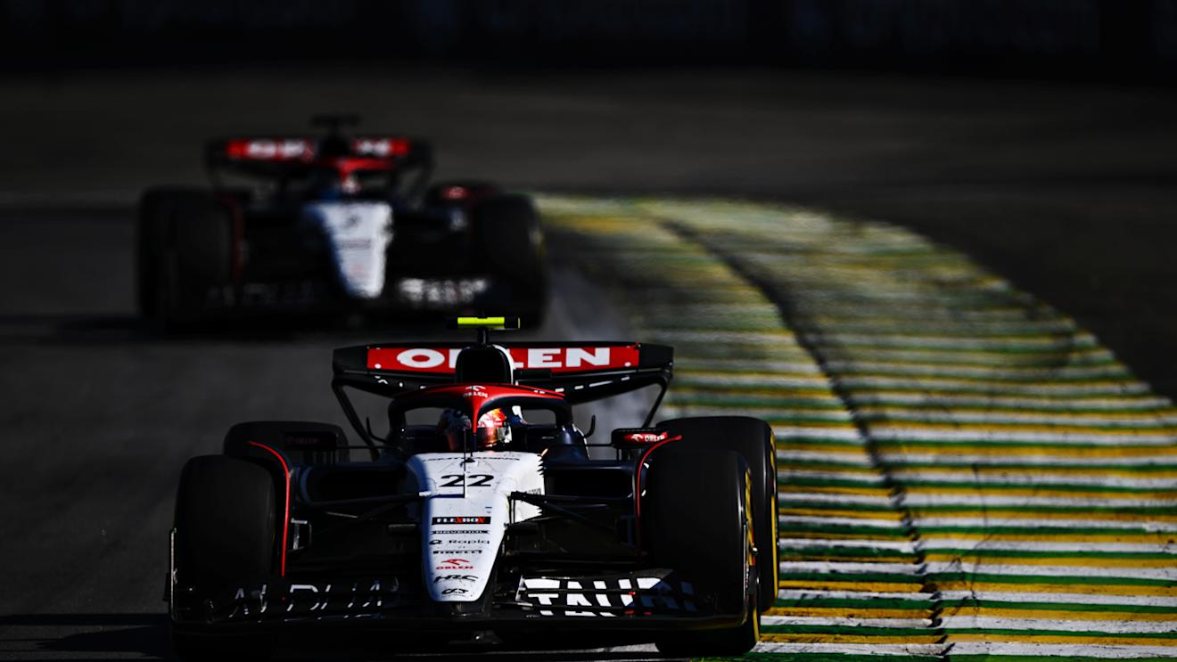 SAO PAULO, BRAZIL - NOVEMBER 05: Yuki Tsunoda of Japan driving the (22) Scuderia AlphaTauri AT04 leads Daniel Ricciardo of Australia driving the (3) Scuderia AlphaTauri AT04 on track during the F1 Grand Prix of Brazil at Autodromo Jose Carlos Pace on November 05, 2023 in Sao Paulo, Brazil. (Photo by Clive Mason - Formula 1/Formula 1 via Getty Images)