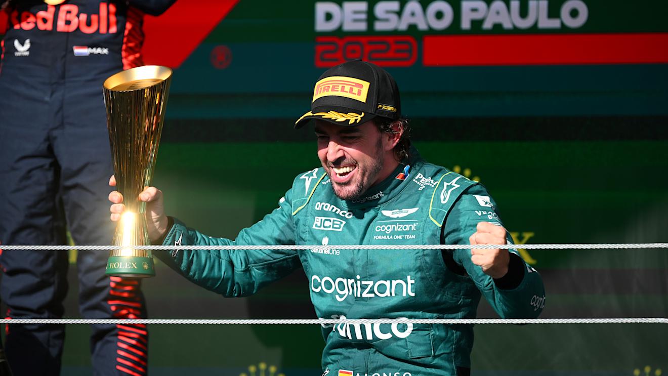 SAO PAULO, BRAZIL - NOVEMBER 05: Third placed Fernando Alonso of Spain and Aston Martin F1 Team celebrates on the podium during the F1 Grand Prix of Brazil at Autodromo Jose Carlos Pace on November 05, 2023 in Sao Paulo, Brazil. (Photo by Clive Mason - Formula 1/Formula 1 via Getty Images)