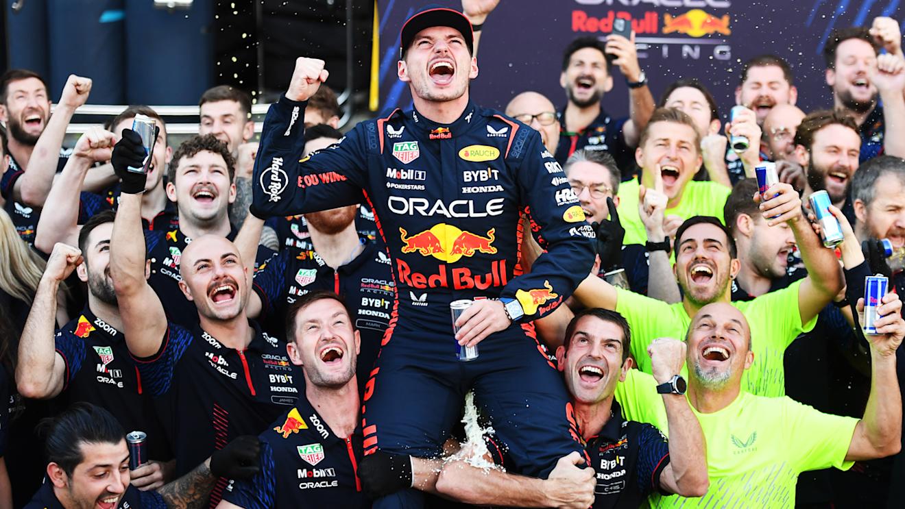 SAO PAULO, BRAZIL - NOVEMBER 05: Race winner Max Verstappen of the Netherlands and Oracle Red Bull Racing celebrates with his team in the Pitlane after the F1 Grand Prix of Brazil at Autodromo Jose Carlos Pace on November 05, 2023 in Sao Paulo, Brazil. (Photo by Rudy Carezzevoli/Getty Images)