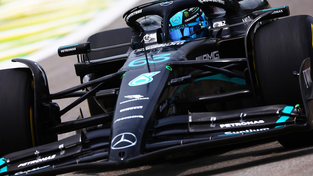 SAO PAULO, BRAZIL - NOVEMBER 03: George Russell of Great Britain driving the (63) Mercedes AMG Petronas F1 Team W14 on track during practice ahead of the F1 Grand Prix of Brazil at Autodromo Jose Carlos Pace on November 03, 2023 in Sao Paulo, Brazil. (Photo by Mark Thompson/Getty Images)