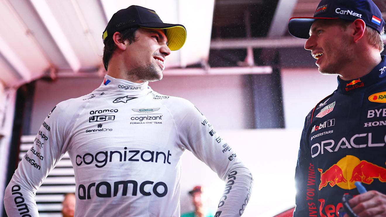SAO PAULO, BRAZIL - NOVEMBER 03: Pole position qualifier Max Verstappen of the Netherlands and Oracle Red Bull Racing and third placed qualifier Lance Stroll of Canada and Aston Martin F1 Team talk in the FIA Garage after qualifying ahead of the F1 Grand Prix of Brazil at Autodromo Jose Carlos Pace on November 03, 2023 in Sao Paulo, Brazil. (Photo by Dan Istitene - Formula 1/Formula 1 via Getty Images)