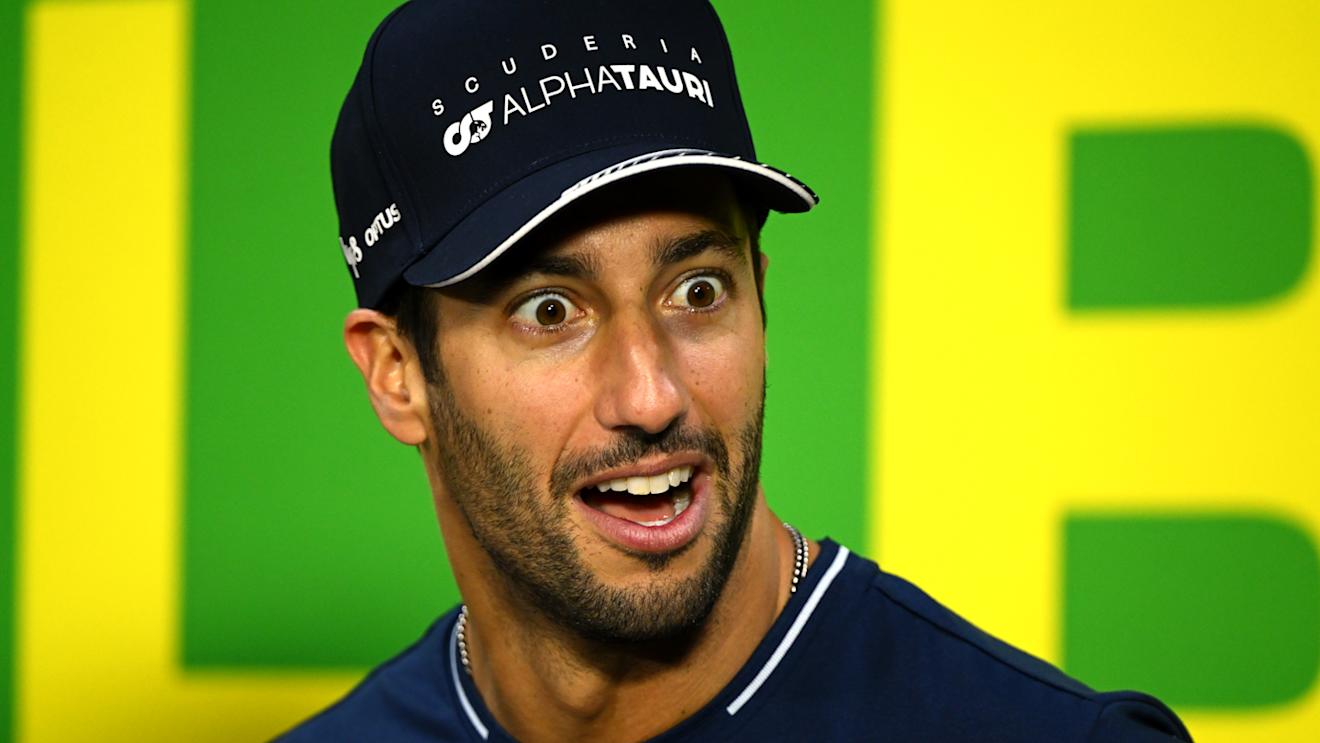 SAO PAULO, BRAZIL - NOVEMBER 02: Daniel Ricciardo of Australia and Scuderia AlphaTauri reacts in the Drivers Press Conference during previews ahead of the F1 Grand Prix of Brazil at Autodromo Jose Carlos Pace on November 02, 2023 in Sao Paulo, Brazil. (Photo by Clive Mason/Getty Images)