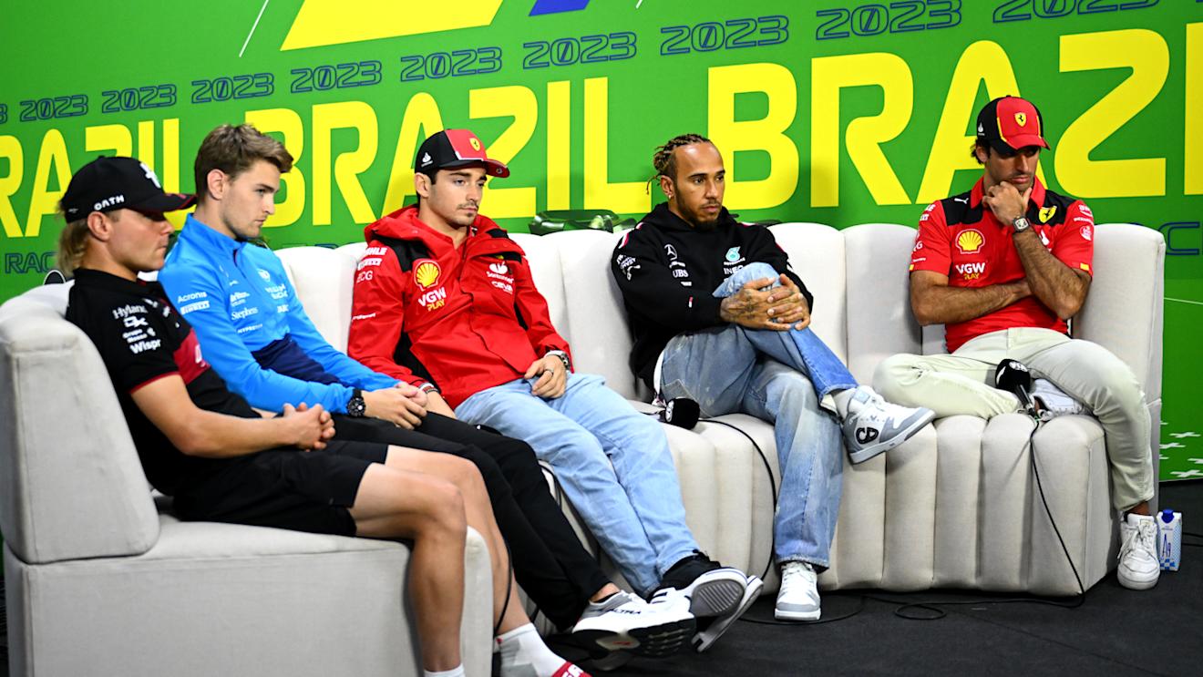SAO PAULO, BRAZIL - NOVEMBER 02: Valtteri Bottas of Finland and Alfa Romeo F1, Logan Sargeant of United States and Williams, Charles Leclerc of Monaco and Ferrari, Lewis Hamilton of Great Britain and Mercedes and Carlos Sainz of Spain and Ferrari look on in the Drivers Press Conference during previews ahead of the F1 Grand Prix of Brazil at Autodromo Jose Carlos Pace on November 02, 2023 in Sao Paulo, Brazil. (Photo by Clive Mason/Getty Images)