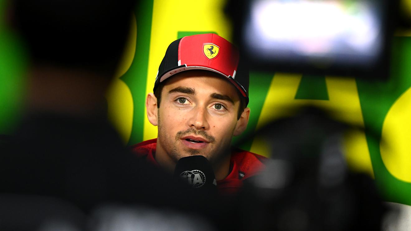 SAO PAULO, BRAZIL - NOVEMBER 02: Charles Leclerc of Monaco and Ferrari talks in the Drivers Press Conference during previews ahead of the F1 Grand Prix of Brazil at Autodromo Jose Carlos Pace on November 02, 2023 in Sao Paulo, Brazil. (Photo by Clive Mason/Getty Images)