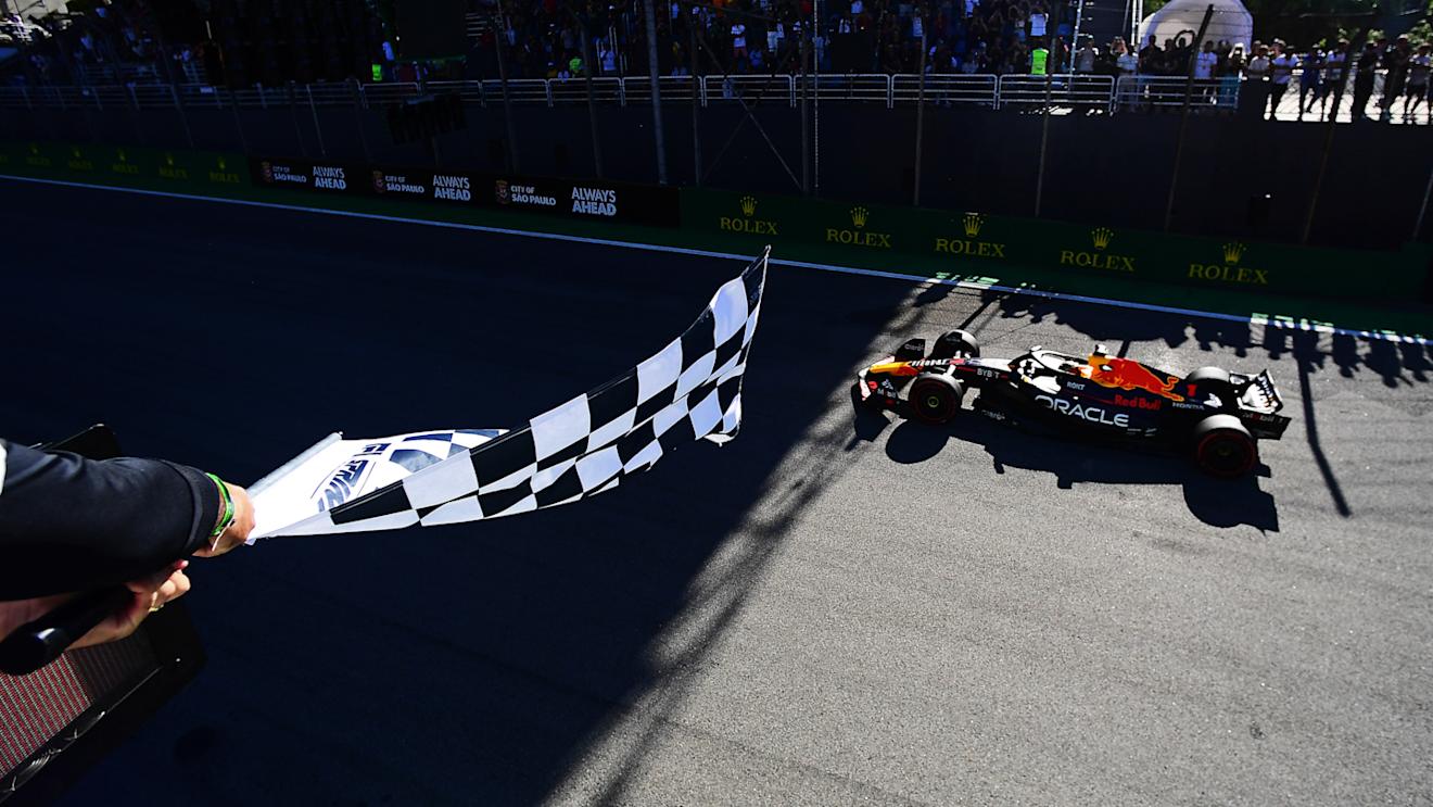 SAO PAULO, BRAZIL - NOVEMBER 04: Sprint winner Max Verstappen of the Netherlands and Oracle Red Bull Racing crosses the finish line during the Sprint ahead of the F1 Grand Prix of Brazil at Autodromo Jose Carlos Pace on November 04, 2023 in Sao Paulo, Brazil. (Photo by Mario Renzi - Formula 1/Formula 1 via Getty Images)