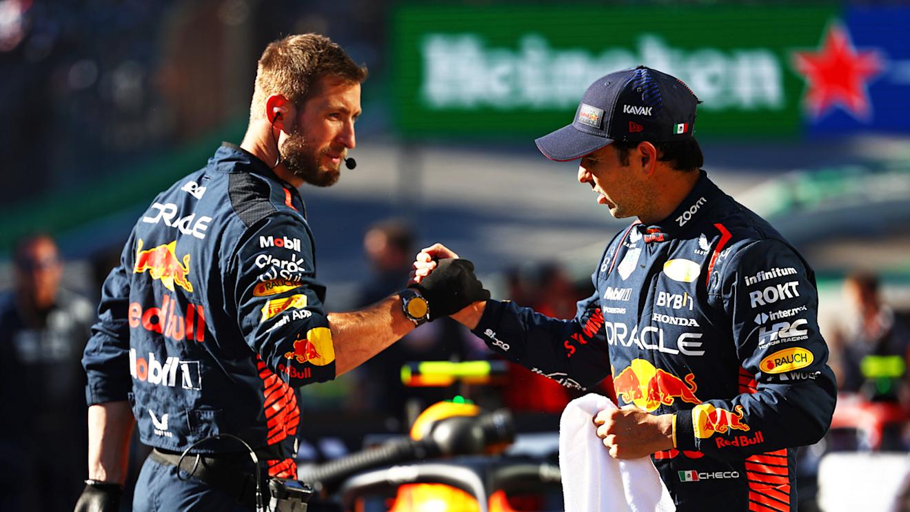 SAO PAULO, BRAZIL - NOVEMBER 04: Third placed Sergio Perez of Mexico and Oracle Red Bull Racing celebrates in parc ferme during the Sprint ahead of the F1 Grand Prix of Brazil at Autodromo Jose Carlos Pace on November 04, 2023 in Sao Paulo, Brazil. (Photo by Mark Thompson/Getty Images)