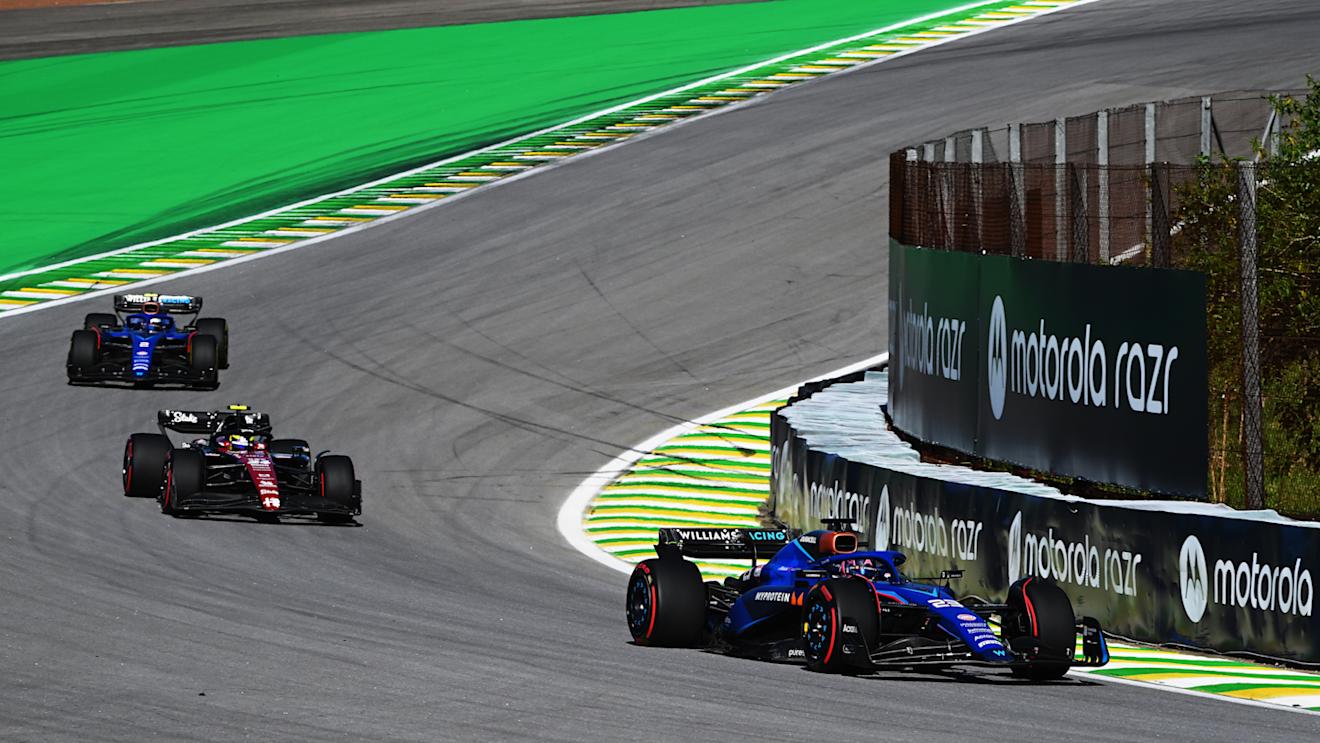 SAO PAULO, BRAZIL - NOVEMBER 04: Alexander Albon of Thailand driving the (23) Williams FW45 Mercedes leads Zhou Guanyu of China driving the (24) Alfa Romeo F1 C43 Ferrari and Logan Sargeant of United States driving the (2) Williams FW45 Mercedes on track during the Sprint ahead of the F1 Grand Prix of Brazil at Autodromo Jose Carlos Pace on November 04, 2023 in Sao Paulo, Brazil. (Photo by Clive Mason - Formula 1/Formula 1 via Getty Images)
