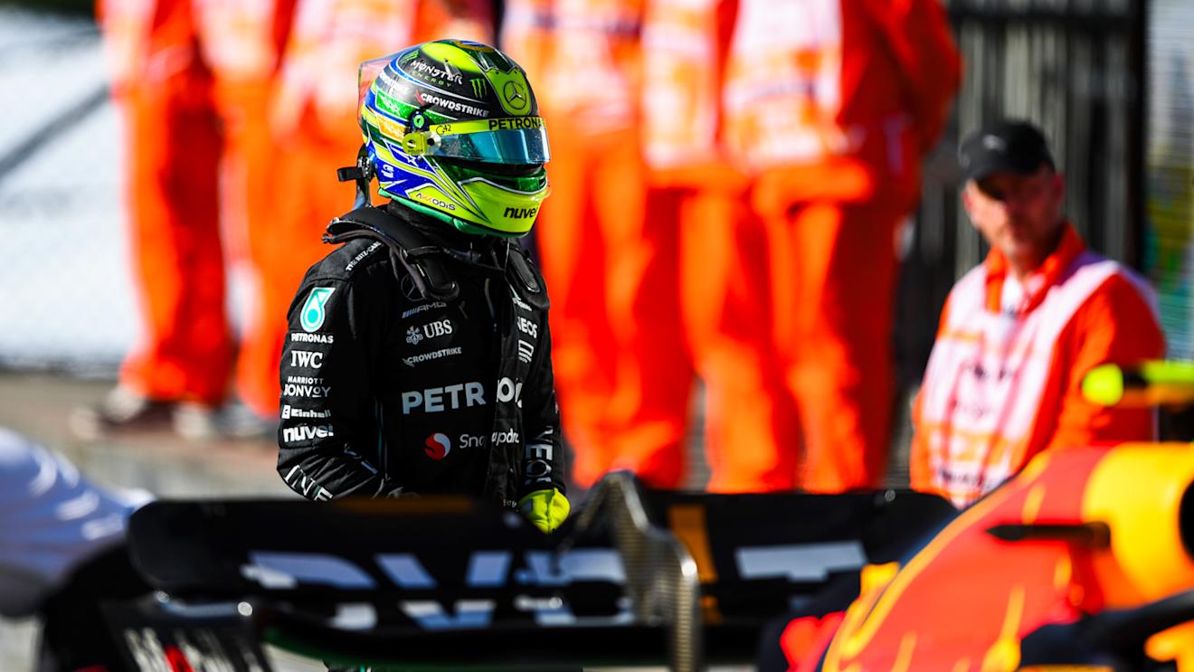 SAO PAULO, BRAZIL - NOVEMBER 04: 7th placed Lewis Hamilton of Great Britain and Mercedes walks in parc ferme during the Sprint ahead of the F1 Grand Prix of Brazil at Autodromo Jose Carlos Pace on November 04, 2023 in Sao Paulo, Brazil. (Photo by Rudy Carezzevoli/Getty Images)