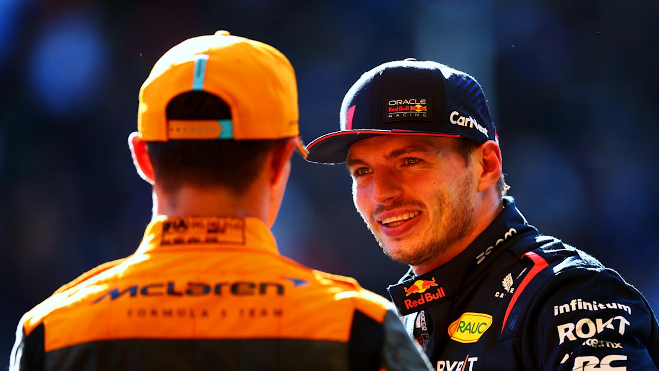 SAO PAULO, BRAZIL - NOVEMBER 04: Sprint winner Max Verstappen of the Netherlands and Oracle Red Bull Racing talks with Lando Norris of Great Britain and McLaren in parc ferme after the Sprint race ahead of the F1 Grand Prix of Brazil at Autodromo Jose Carlos Pace on November 04, 2023 in Sao Paulo, Brazil. (Photo by Dan Istitene - Formula 1/Formula 1 via Getty Images)