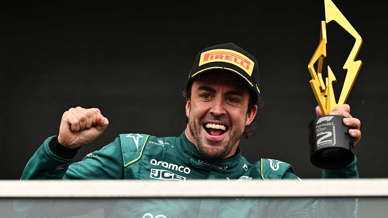 MONTREAL, QUEBEC - JUNE 18: Second placed Fernando Alonso of Spain and Aston Martin F1 Team celebrates on the podium during the F1 Grand Prix of Canada at Circuit Gilles Villeneuve on June 18, 2023 in Montreal, Quebec. (Photo by Minas Panagiotakis/Getty Images)