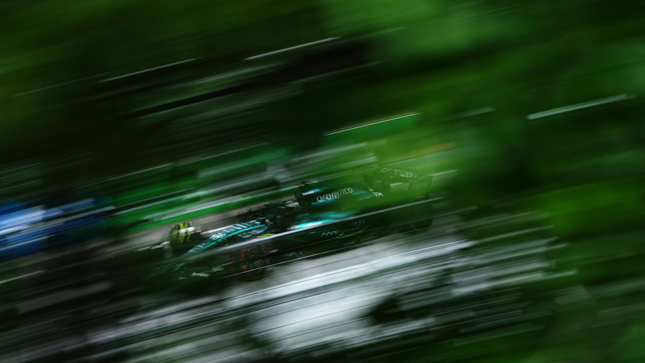MONTREAL, QUEBEC - JUNE 16: Lance Stroll of Canada driving the (18) Aston Martin AMR23 Mercedes on track during practice ahead of the F1 Grand Prix of Canada at Circuit Gilles Villeneuve on June 16, 2023 in Montreal, Quebec. (Photo by Clive Mason/Getty Images)