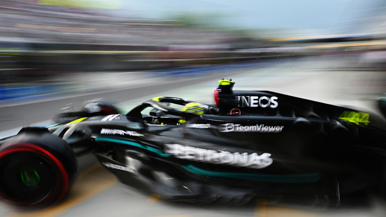 MONTREAL, QUEBEC - JUNE 16: Lewis Hamilton of Great Britain driving the (44) Mercedes AMG Petronas F1 Team W14 leaves the garage during practice ahead of the F1 Grand Prix of Canada at Circuit Gilles Villeneuve on June 16, 2023 in Montreal, Quebec. (Photo by Dan Mullan/Getty Images)