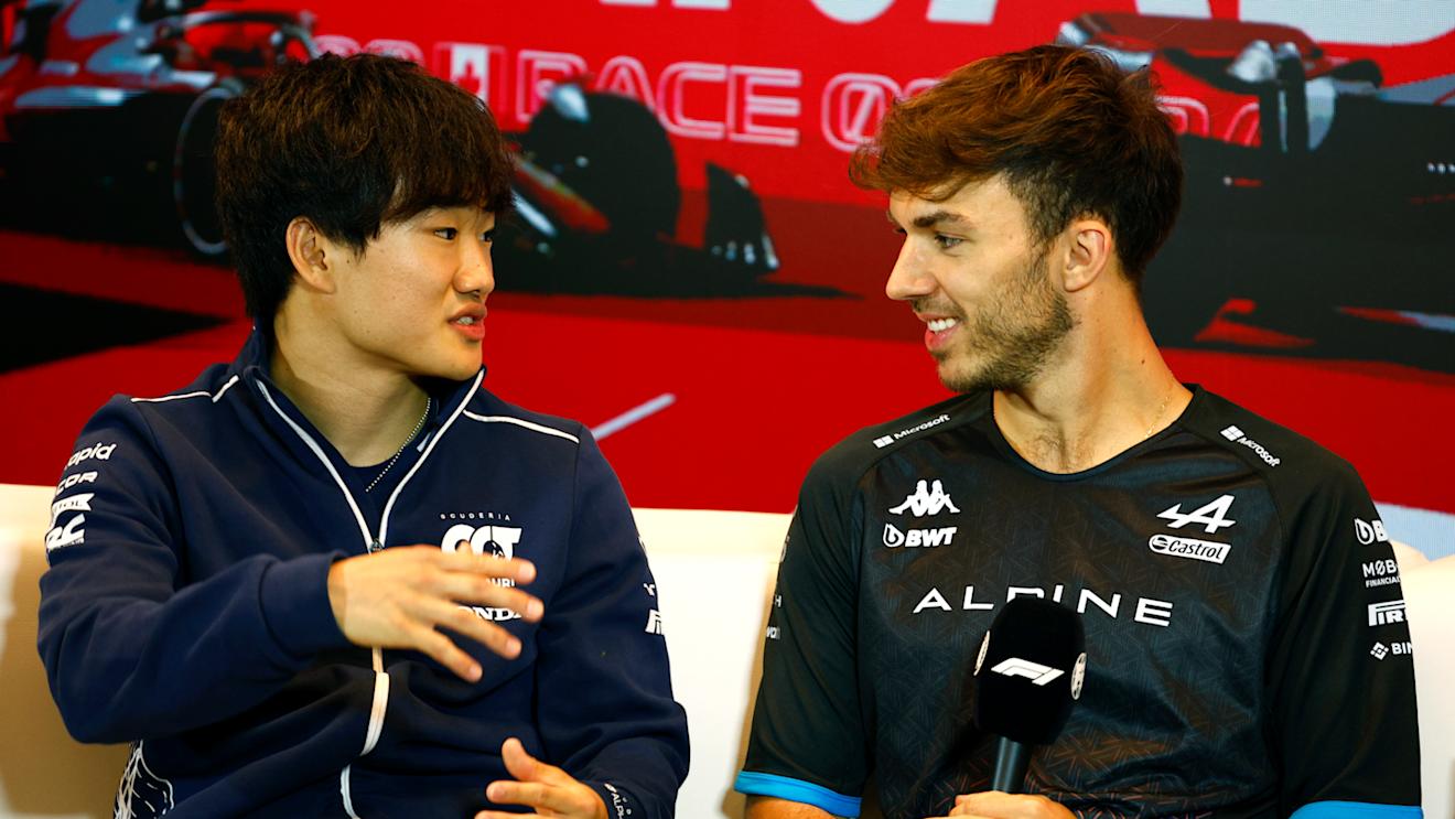 MONTREAL, QUEBEC - JUNE 15: Yuki Tsunoda of Japan and Scuderia AlphaTauri and Pierre Gasly of France and Alpine F1 talk in the Drivers Press Conference during previews ahead of the F1 Grand Prix of Canada at Circuit Gilles Villeneuve on June 15, 2023 in Montreal, Quebec. (Photo by Jared C. Tilton/Getty Images)