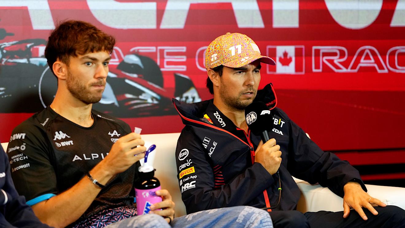 MONTREAL, QUEBEC - JUNE 15: Pierre Gasly of France and Alpine F1 and Sergio Perez of Mexico and Oracle Red Bull Racing attend the Drivers Press Conference during previews ahead of the F1 Grand Prix of Canada at Circuit Gilles Villeneuve on June 15, 2023 in Montreal, Quebec. (Photo by Rudy Carezzevoli/Getty Images)