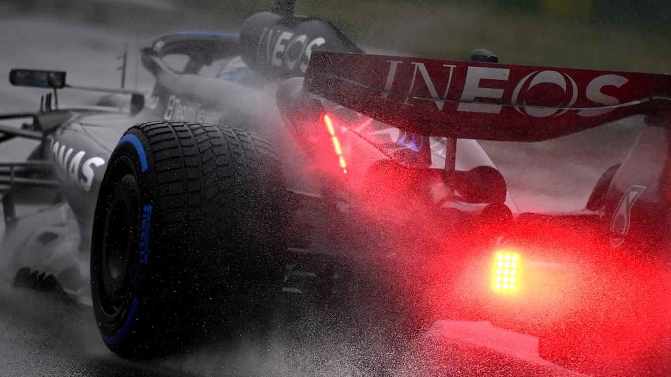 MONTREAL, QUEBEC - JUNE 17: George Russell of Great Britain driving the (63) Mercedes AMG Petronas F1 Team W14 in the wet during final practice ahead of the F1 Grand Prix of Canada at Circuit Gilles Villeneuve on June 17, 2023 in Montreal, Quebec. (Photo by Clive Mason/Getty Images)