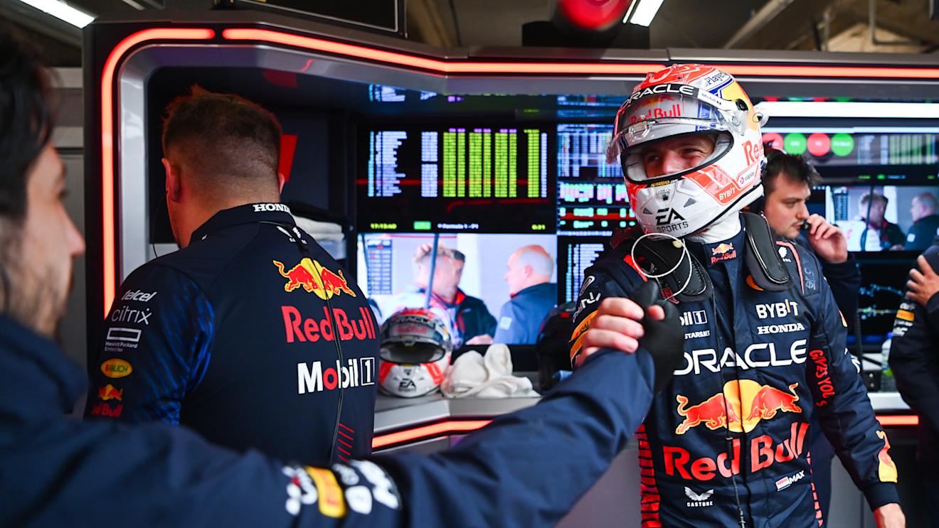MONTREAL, QUEBEC - JUNE 17: Pole position qualifier Max Verstappen of the Netherlands and Oracle Red Bull Racing celebrates with his team in the garage during qualifying ahead of the F1 Grand Prix of Canada at Circuit Gilles Villeneuve on June 17, 2023 in Montreal, Quebec. (Photo by Dan Mullan/Getty Images)