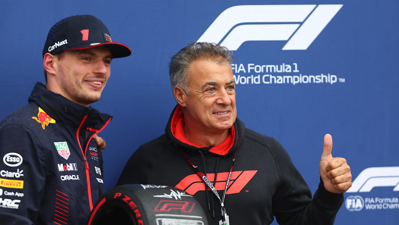 MONTREAL, QUEBEC - JUNE 17: Pole position qualifier Max Verstappen of the Netherlands and Oracle Red Bull Racing is presented with the Pirelli Pole Position award by Jean Alesi in parc ferme during qualifying ahead of the F1 Grand Prix of Canada at Circuit Gilles Villeneuve on June 17, 2023 in Montreal, Quebec. (Photo by Dan Istitene - Formula 1/Formula 1 via Getty Images)