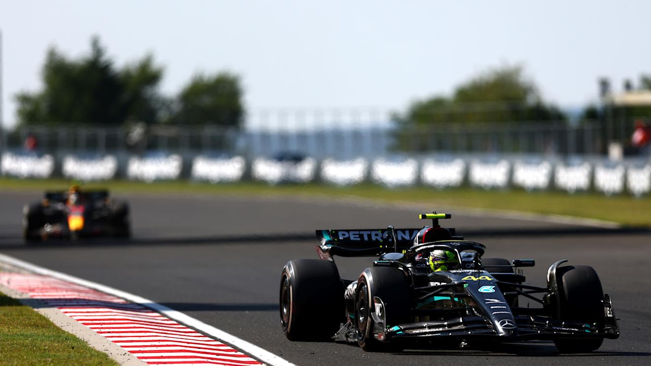 BUDAPEST, HUNGARY - JULY 23: Lewis Hamilton of Great Britain driving the (44) Mercedes AMG Petronas F1 Team W14 on track during the F1 Grand Prix of Hungary at Hungaroring on July 23, 2023 in Budapest, Hungary. (Photo by Bryn Lennon - Formula 1/Formula 1 via Getty Images)