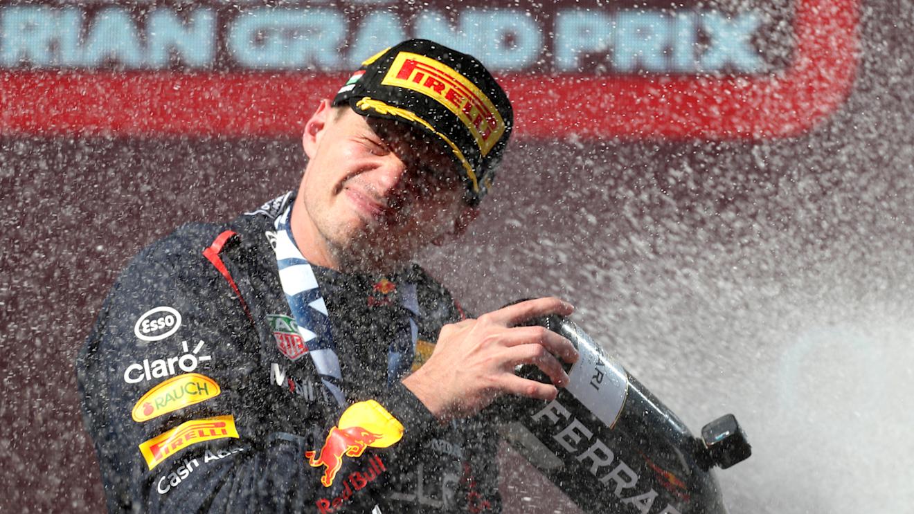 BUDAPEST, HUNGARY - JULY 23: Race winner Max Verstappen of the Netherlands and Oracle Red Bull Racing celebrates on the podium during the F1 Grand Prix of Hungary at Hungaroring on July 23, 2023 in Budapest, Hungary. (Photo by Peter Fox/Getty Images)