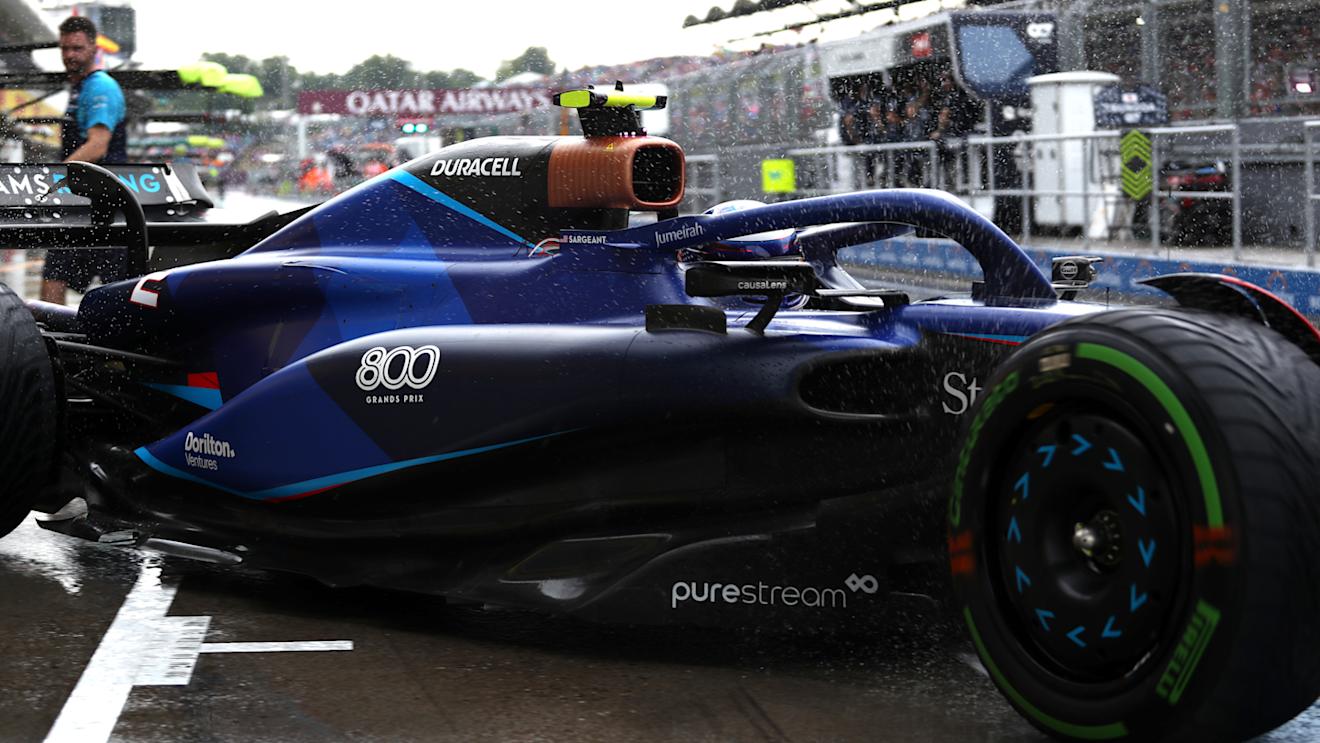 BUDAPEST, HUNGARY - JULY 21: Logan Sargeant of United States driving the (2) Williams FW45 Mercedes in the rain during practice ahead of the F1 Grand Prix of Hungary at Hungaroring on July 21, 2023 in Budapest, Hungary. (Photo by Peter Fox/Getty Images)