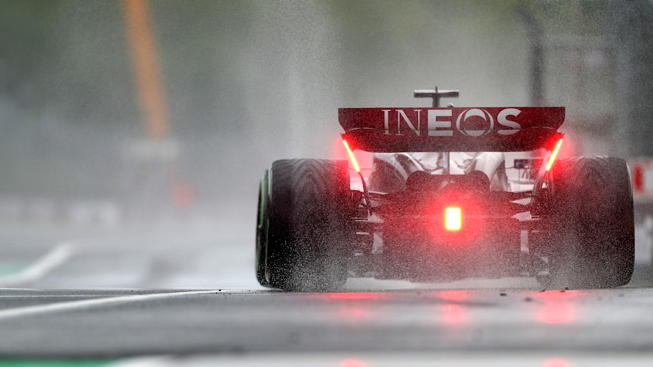 BUDAPEST, HUNGARY - JULY 21: George Russell of Great Britain driving the (63) Mercedes AMG Petronas F1 Team W14 in the rain  during practice ahead of the F1 Grand Prix of Hungary at Hungaroring on July 21, 2023 in Budapest, Hungary. (Photo by Peter Fox/Getty Images)