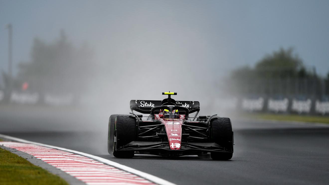 BUDAPEST, HUNGARY - JULY 21: Zhou Guanyu of China driving the (24) Alfa Romeo F1 C43 Ferrari on track during practice ahead of the F1 Grand Prix of Hungary at Hungaroring on July 21, 2023 in Budapest, Hungary. (Photo by Rudy Carezzevoli - Formula 1/Formula 1 via Getty Images)