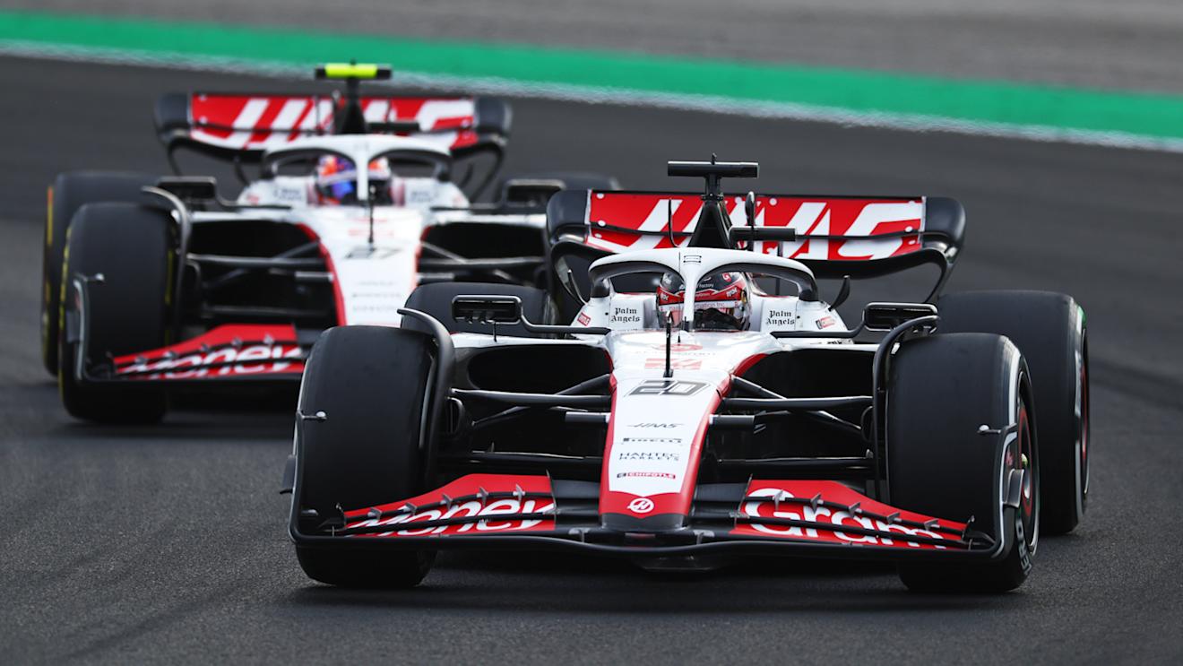 BUDAPEST, HUNGARY - JULY 21: Kevin Magnussen of Denmark driving the (20) Haas F1 VF-23 Ferrari leads Nico Hulkenberg of Germany driving the (27) Haas F1 VF-23 Ferrari during practice ahead of the F1 Grand Prix of Hungary at Hungaroring on July 21, 2023 in Budapest, Hungary. (Photo by Bryn Lennon - Formula 1/Formula 1 via Getty Images)