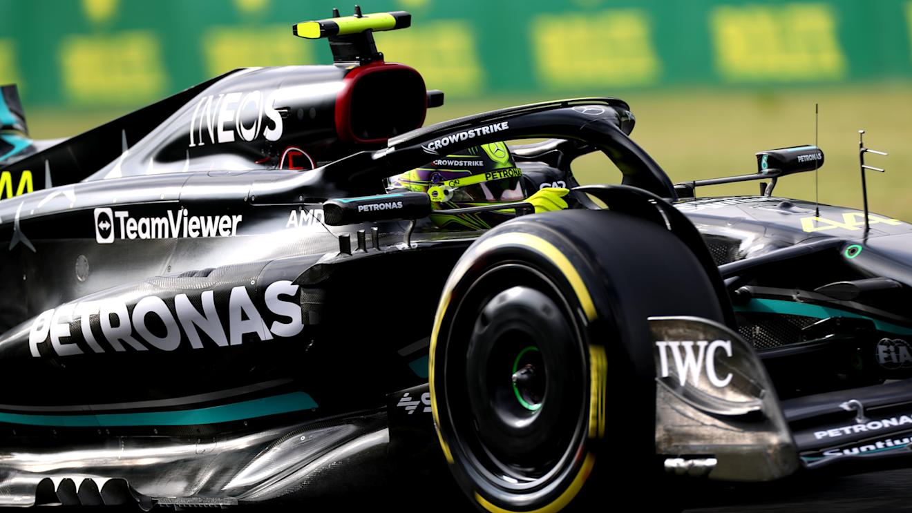 BUDAPEST, HUNGARY - JULY 21: Lewis Hamilton of Great Britain driving the (44) Mercedes AMG Petronas F1 Team W14 on track during practice ahead of the F1 Grand Prix of Hungary at Hungaroring on July 21, 2023 in Budapest, Hungary. (Photo by Peter Fox/Getty Images)