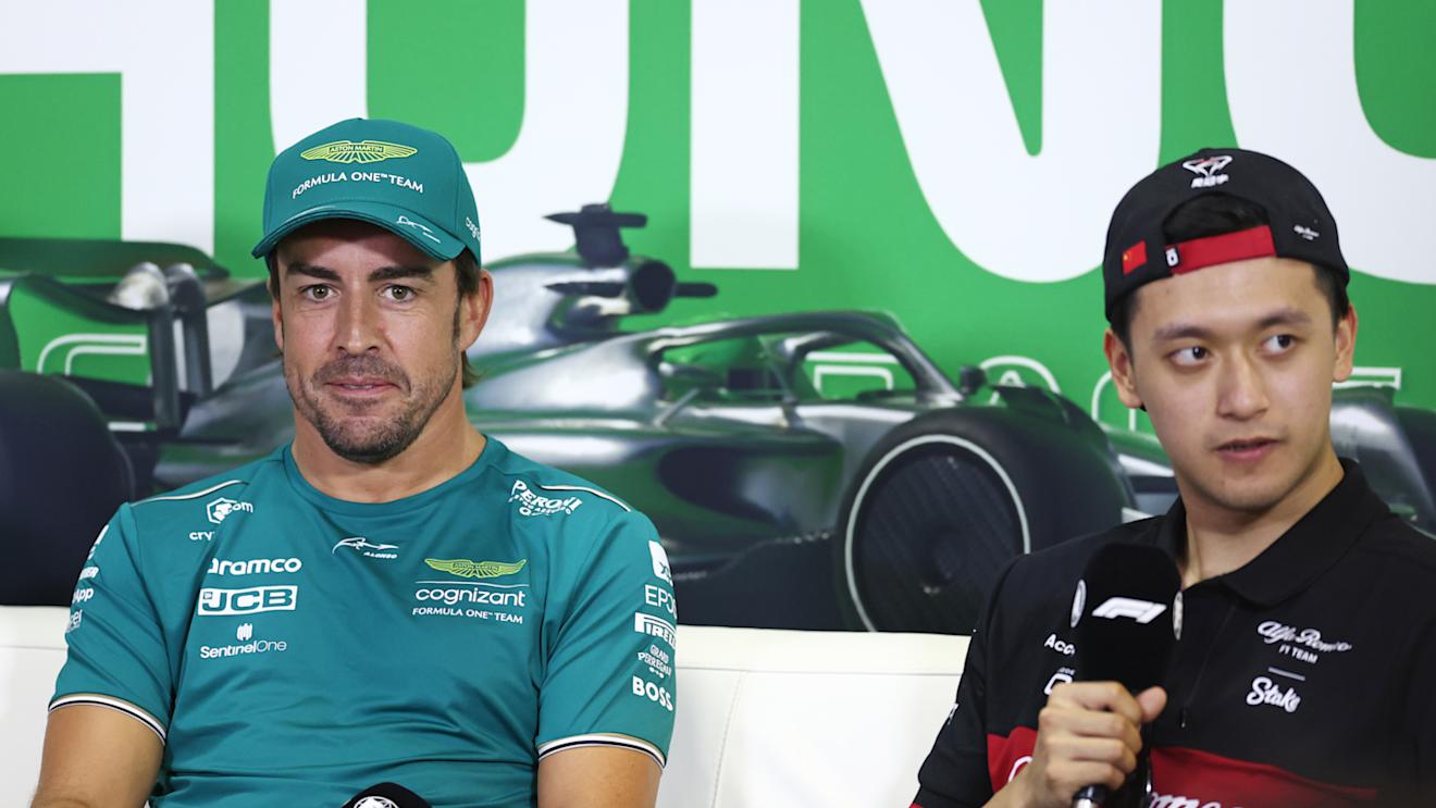 BUDAPEST, HUNGARY - JULY 20: Fernando Alonso of Spain and Aston Martin F1 Team and Zhou Guanyu of China and Alfa Romeo F1 attend the Drivers Press Conference during previews ahead of the F1 Grand Prix of Hungary at Hungaroring on July 20, 2023 in Budapest, Hungary. (Photo by Bryn Lennon/Getty Images)