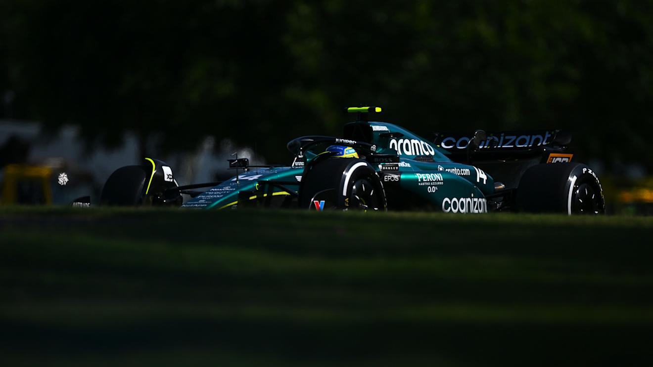 BUDAPEST, HUNGARY - JULY 22: Fernando Alonso of Spain driving the (14) Aston Martin AMR23 Mercedes on track during qualifying ahead of the F1 Grand Prix of Hungary at Hungaroring on July 22, 2023 in Budapest, Hungary. (Photo by Dan Mullan/Getty Images)