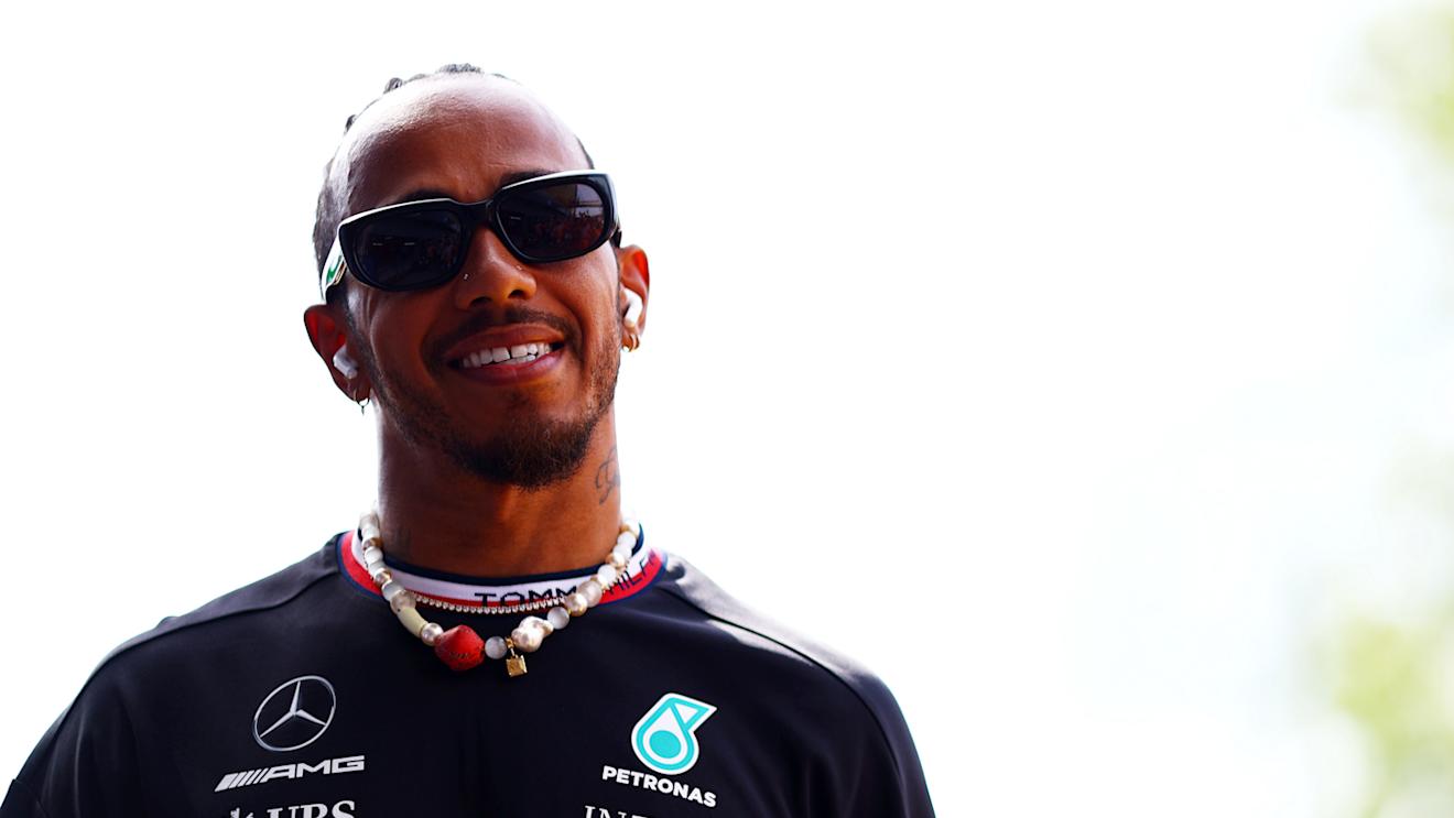 MONZA, ITALY - SEPTEMBER 03: Lewis Hamilton of Great Britain and Mercedes looks on from the drivers parade prior to the F1 Grand Prix of Italy at Autodromo Nazionale Monza on September 03, 2023 in Monza, Italy. (Photo by Mark Thompson/Getty Images)