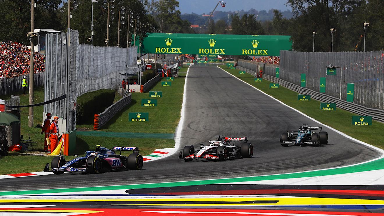 MONZA, ITALY - SEPTEMBER 03: Pierre Gasly of France driving the (10) Alpine F1 A523 Renault leads Kevin Magnussen of Denmark driving the (20) Haas F1 VF-23 Ferrari and Lance Stroll of Canada driving the (18) Aston Martin AMR23 Mercedes during the F1 Grand Prix of Italy at Autodromo Nazionale Monza on September 03, 2023 in Monza, Italy. (Photo by Joe Portlock - Formula 1/Formula 1 via Getty Images)