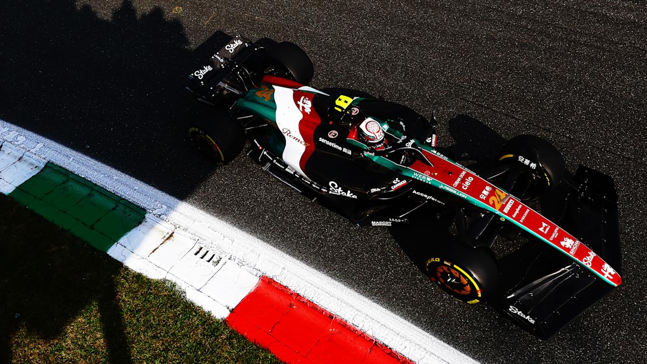 MONZA, ITALY - SEPTEMBER 01: Zhou Guanyu of China driving the (24) Alfa Romeo F1 C43 Ferrari on track during practice ahead of the F1 Grand Prix of Italy at Autodromo Nazionale Monza on September 01, 2023 in Monza, Italy. (Photo by Mark Thompson/Getty Images)
