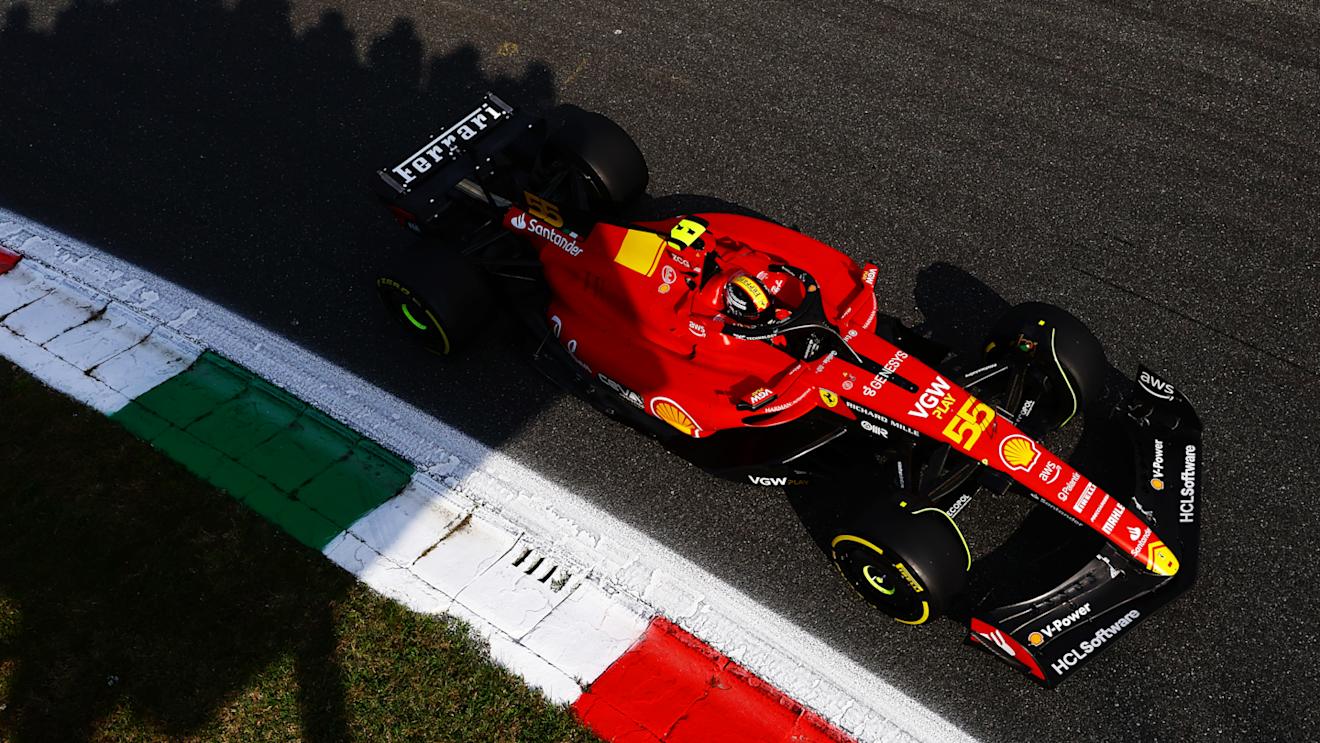 MONZA, ITALY - SEPTEMBER 01: Carlos Sainz of Spain driving (55) the Ferrari SF-23 on track during practice ahead of the F1 Grand Prix of Italy at Autodromo Nazionale Monza on September 01, 2023 in Monza, Italy. (Photo by Mark Thompson/Getty Images)