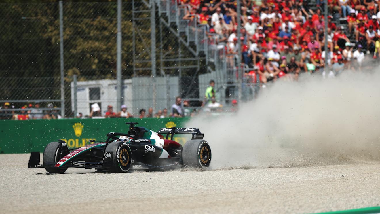 MONZA, ITALY - SEPTEMBER 02: Valtteri Bottas of Finland driving the (77) Alfa Romeo F1 C43 Ferrari runs wide during final practice ahead of the F1 Grand Prix of Italy at Autodromo Nazionale Monza on September 02, 2023 in Monza, Italy. (Photo by Peter Fox/Getty Images)