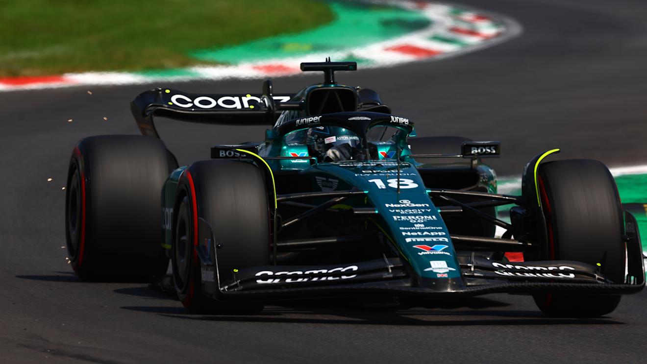 MONZA, ITALY - SEPTEMBER 02: Lance Stroll of Canada driving the (18) Aston Martin AMR23 Mercedes on track during final practice ahead of the F1 Grand Prix of Italy at Autodromo Nazionale Monza on September 02, 2023 in Monza, Italy. (Photo by Mark Thompson/Getty Images)