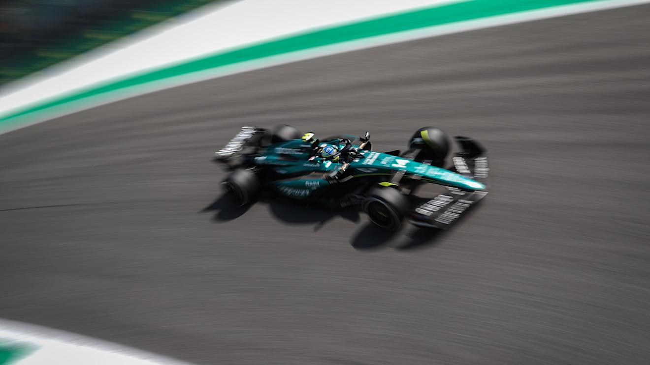 MONZA, ITALY - SEPTEMBER 02: Fernando Alonso of Spain driving the (14) Aston Martin AMR23 Mercedes on track during final practice ahead of the F1 Grand Prix of Italy at Autodromo Nazionale Monza on September 02, 2023 in Monza, Italy. (Photo by Ryan Pierse/Getty Images)