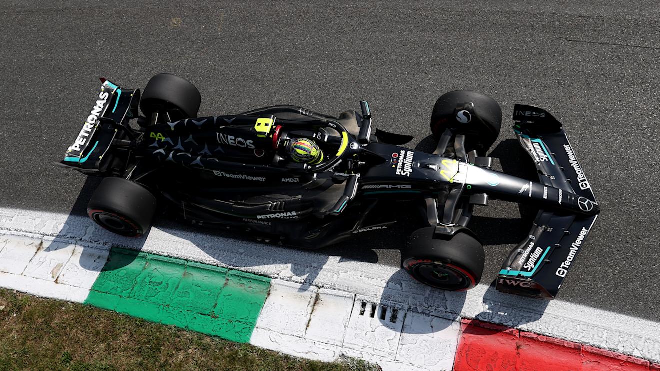 MONZA, ITALY - SEPTEMBER 02: Lewis Hamilton of Great Britain driving the (44) Mercedes AMG Petronas F1 Team W14 on track during final practice ahead of the F1 Grand Prix of Italy at Autodromo Nazionale Monza on September 02, 2023 in Monza, Italy. (Photo by Ryan Pierse/Getty Images)