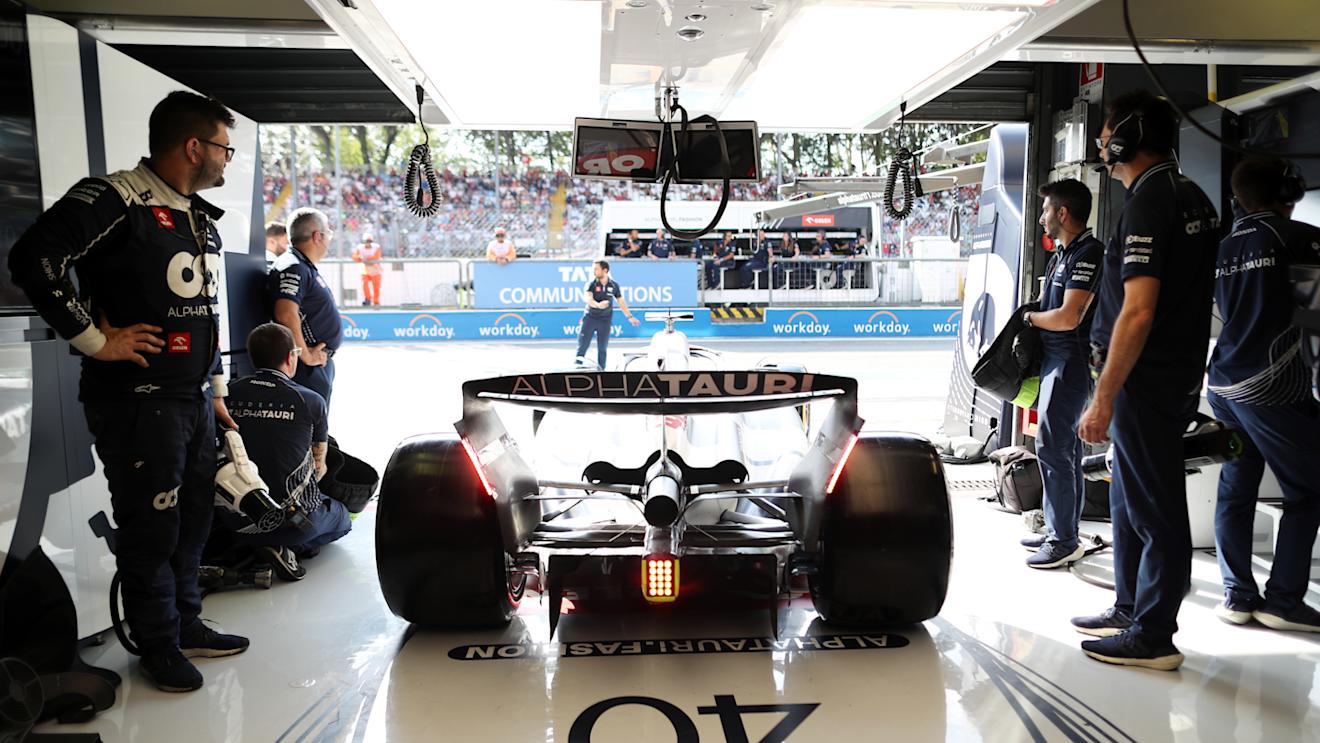 MONZA, ITALY - SEPTEMBER 02: Liam Lawson of New Zealand driving the (40) Scuderia AlphaTauri AT04 leaves the garage during qualifying ahead of the F1 Grand Prix of Italy at Autodromo Nazionale Monza on September 02, 2023 in Monza, Italy. (Photo by Peter Fox/Getty Images)