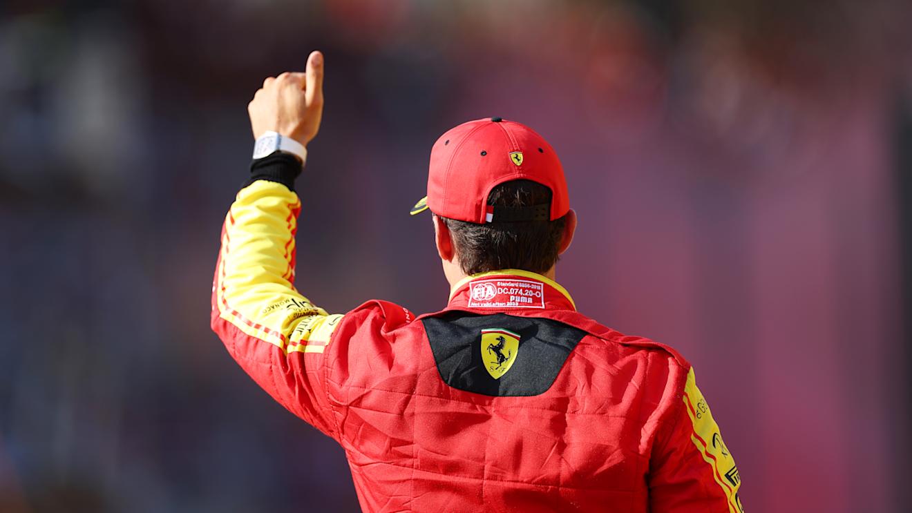 MONZA, ITALY - SEPTEMBER 02: Third placed Charles Leclerc of Monaco and Ferrari waves to the crowd from parc ferme during qualifying ahead of the F1 Grand Prix of Italy at Autodromo Nazionale Monza on September 02, 2023 in Monza, Italy. (Photo by Dan Istitene - Formula 1/Formula 1 via Getty Images)