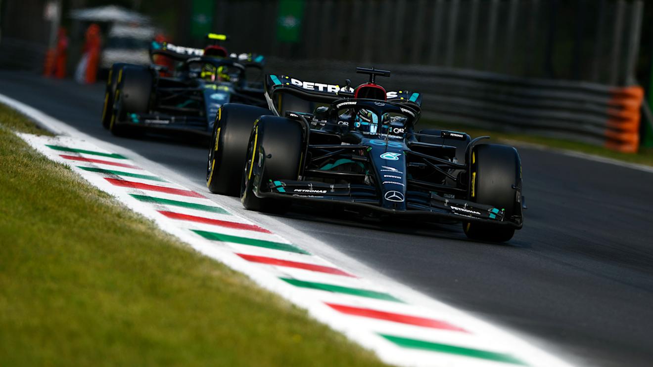 MONZA, ITALY - SEPTEMBER 02: George Russell of Great Britain driving the (63) Mercedes AMG Petronas F1 Team W14 on track during qualifying ahead of the F1 Grand Prix of Italy at Autodromo Nazionale Monza on September 02, 2023 in Monza, Italy. (Photo by Rudy Carezzevoli - Formula 1/Formula 1 via Getty Images)