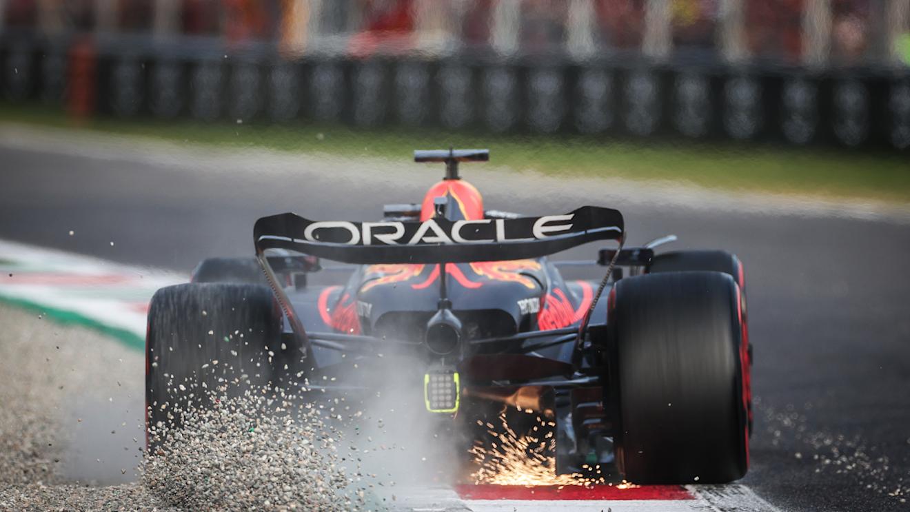 MONZA, ITALY - SEPTEMBER 02: Max Verstappen of the Netherlands driving the (1) Oracle Red Bull Racing RB19 kicks up gravel during qualifying ahead of the F1 Grand Prix of Italy at Autodromo Nazionale Monza on September 02, 2023 in Monza, Italy. (Photo by Ryan Pierse/Getty Images)