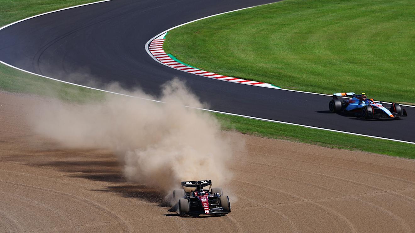 SUZUKA, JAPAN - SEPTEMBER 24: Valtteri Bottas of Finland driving the (77) Alfa Romeo F1 C43 Ferrari runs wide into the gravel during the F1 Grand Prix of Japan at Suzuka International Racing Course on September 24, 2023 in Suzuka, Japan. (Photo by Bryn Lennon - Formula 1/Formula 1 via Getty Images)