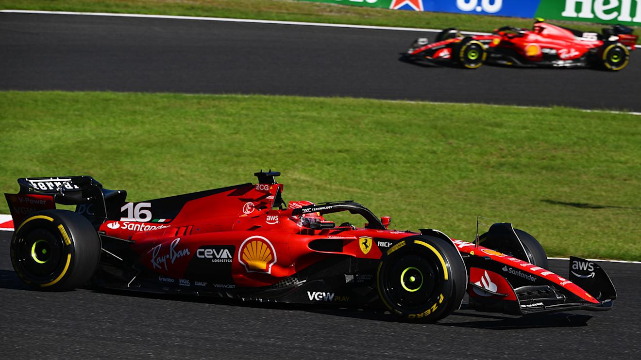 SUZUKA, JAPAN - SEPTEMBER 24: Charles Leclerc of Monaco driving the (16) Ferrari SF-23 leads Carlos Sainz of Spain driving (55) the Ferrari SF-23 during the F1 Grand Prix of Japan at Suzuka International Racing Course on September 24, 2023 in Suzuka, Japan. (Photo by Clive Mason/Getty Images)