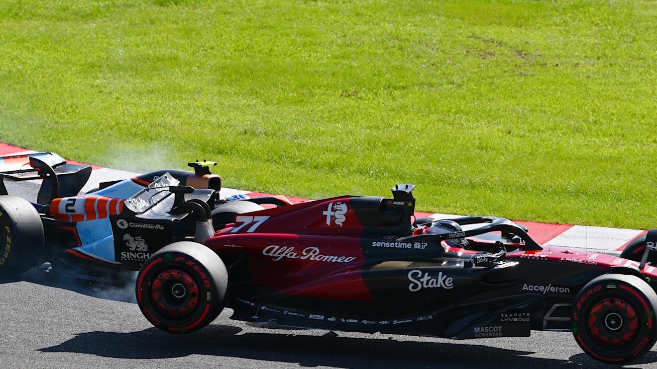 SUZUKA, JAPAN - SEPTEMBER 24: Valtteri Bottas of Finland driving the (77) Alfa Romeo F1 C43 Ferrari collides with Logan Sargeant of United States driving the (2) Williams FW45 Mercedes during the F1 Grand Prix of Japan at Suzuka International Racing Course on September 24, 2023 in Suzuka, Japan. (Photo by Clive Mason/Getty Images)