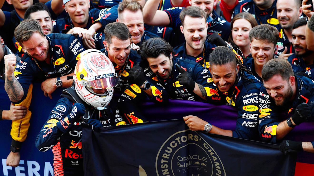SUZUKA, JAPAN - SEPTEMBER 24: Race winner Max Verstappen of the Netherlands and Oracle Red Bull Racing and his team celebrate their Constructors' Championship win in parc ferme during the F1 Grand Prix of Japan at Suzuka International Racing Course on September 24, 2023 in Suzuka, Japan. (Photo by Rudy Carezzevoli/Getty Images)